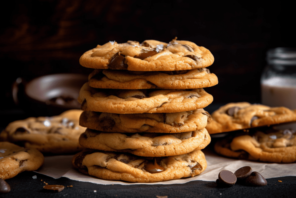 A close-up shot of a stack of Brown Butter Chocolate Chip Cookies
