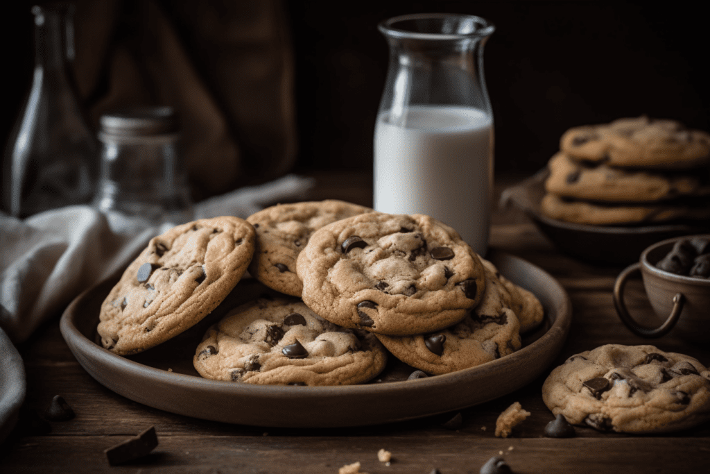 A plate of freshly baked Brown Butter Chocolate Chip Cookies on a rustic wooden table